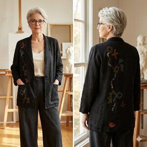 Vtg 90s Beppa Size XS Art To Wear Jacket Applique Linen Lagenlook Black Womens